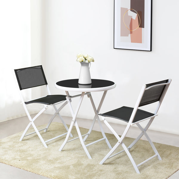 High quality and brand new<br>Including 2 chairs  and 1 coffee table with glass top<br>Durable textile fiber material<br>Sturdy steel frame<br>Folding frame make it convenient to store and move<br>The reinforced glass table top greatly increases the durab