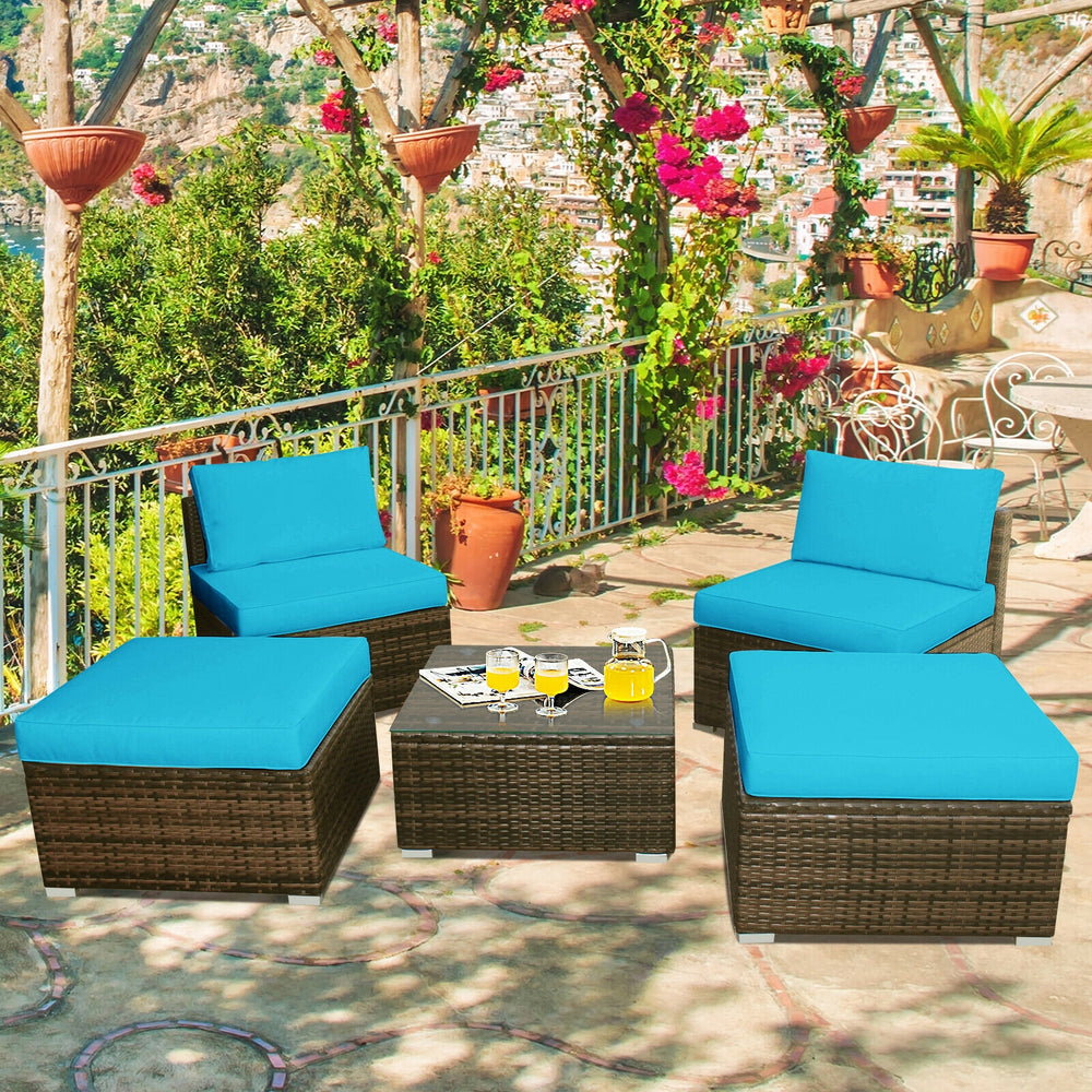 Power coated and solid steel frame adds sturdiness of the set<br>Tight and hand-woven rattan to withstand the change of weather<br>Exquisite table has a removable glass which is easy to clean<br>Aluminum feet at bottom protect bottom rattan and prevent sl