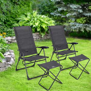 Made of solid steel and high-strength fabric  this patio chair set can load up to 300lbs for long term use. Â  Since its folding design  this patio chair set can be stored and carried without taking up much living space. Also  the 7-gear adjustable backre