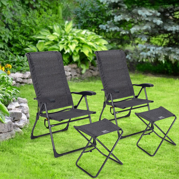 Made of solid steel and high-strength fabric  this patio chair set can load up to 300lbs for long term use. Â  Since its folding design  this patio chair set can be stored and carried without taking up much living space. Also  the 7-gear adjustable backre
