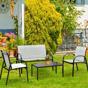 Including 1 loveseat  2 single sofas  and 1 tea table with a glass top<br>High quality and brand new<br>Modern and fashionable design<br>Solid steel frame  durable and sturdy<br>Tea table with a large tabletop<br>Perfect display<br>Wonderful for outdoor l