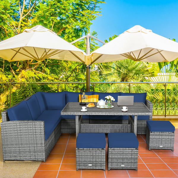 Packages include 3 loveseats  3 ottomans  1 table  6 seat cushions  7 back cushions  and instruction<br>Packages come in 4 boxes<br>Powder-coated steel structure provides strong durability and stability<br>All-weather and wear-resistant rattan ensures lon