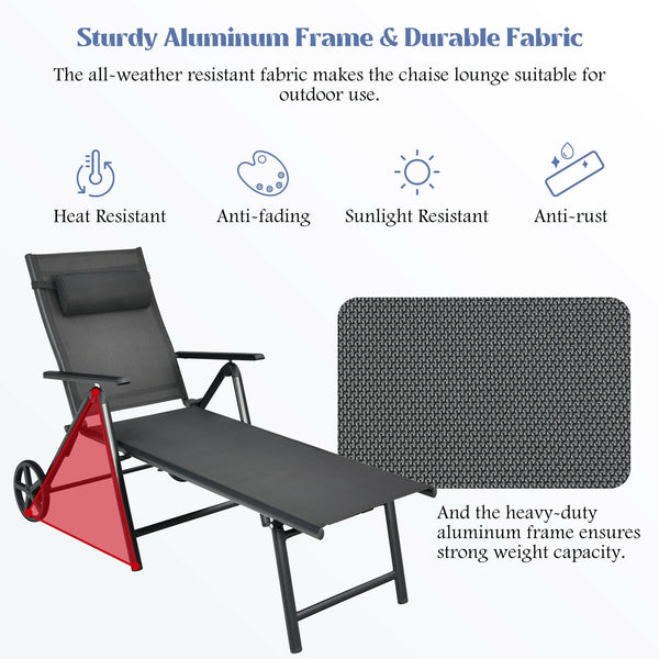 This patio lounge chair will offer you a comfortable using experience. Â  7 adjustable backrest positions are provided for you to choose  so you can do whatever you want on the lounge chair. And the anti-rust aluminum frame with sturdy triangle structure 