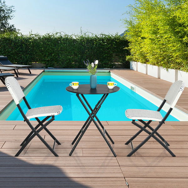 This 3-piece rattan dining chair and table set includes 1 folding dining table and 2 chairs  which will bring an elegant atmosphere to your patio or deck. Â  The heavy-duty steel frame provides a solid foundation for this delightful dining set. Besides  d