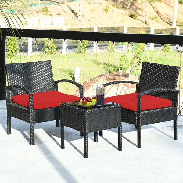 This rattan patio conversation set which will provide you a comfortable experience in your leisure time. Â  This set of outdoor furniture is made of high-quality rattan and strong steel  which is durable and has a long service life. The thick soft cushion