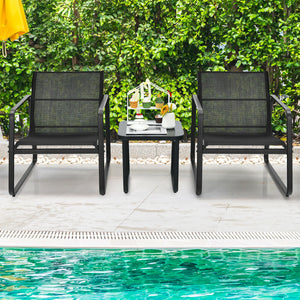 Brighten up your outdoor space with this 3-piece outdoor modern conversation set! Â  Made of anti-rust steel frame and fast-drying fabric  this patio bistro set can stay outside. Moreover  the widened seat  cozy backrest  ergonomic armrests and breathable