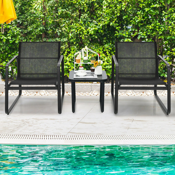 Brighten up your outdoor space with this 3-piece outdoor modern conversation set! Â  Made of anti-rust steel frame and fast-drying fabric  this patio bistro set can stay outside. Moreover  the widened seat  cozy backrest  ergonomic armrests and breathable