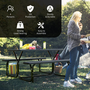 Made of non-toxic and odorless HDPE material to serve for years <br>Smooth surface with the natural wood grain to be a great addition to outdoors <br>Integrated metal frame with high strength to be sturdy without deformation <br>Thick 2 inches table holds
