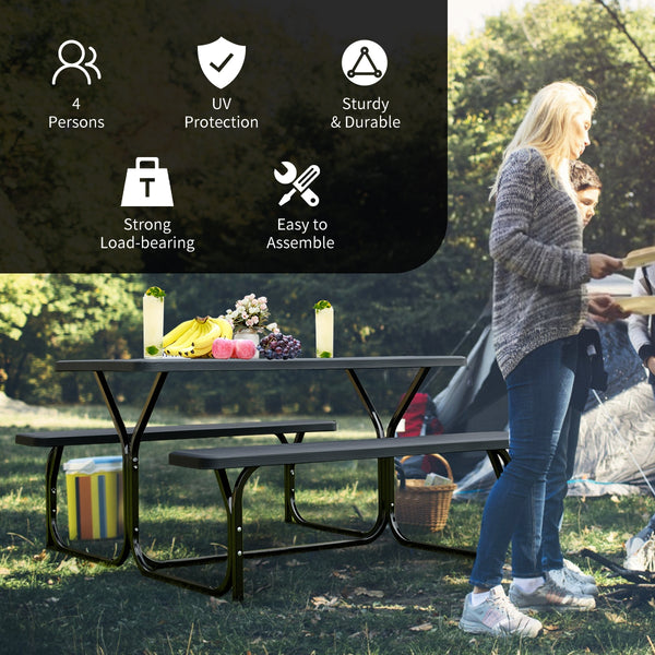 Made of non-toxic and odorless HDPE material to serve for years <br>Smooth surface with the natural wood grain to be a great addition to outdoors <br>Integrated metal frame with high strength to be sturdy without deformation <br>Thick 2 inches table holds
