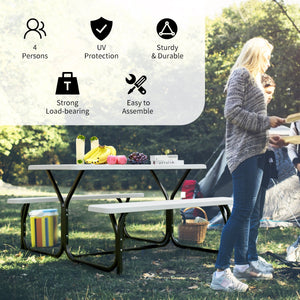 Made of non-toxic and odorless HDPE material to serve for years <br>Smooth surface with the natural wood grain to be a great addition to outdoors <br>Integrated metal frame with high strength to be sturdy without deformation <br>Thick 2 inches table holds