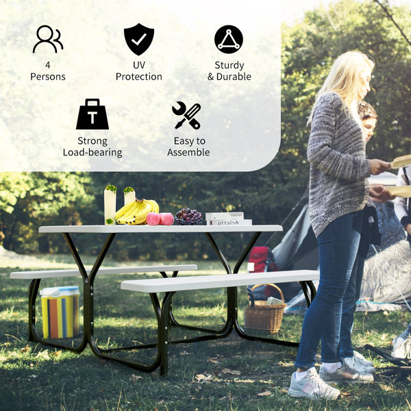 Made of non-toxic and odorless HDPE material to serve for years <br>Smooth surface with the natural wood grain to be a great addition to outdoors <br>Integrated metal frame with high strength to be sturdy without deformation <br>Thick 2 inches table holds