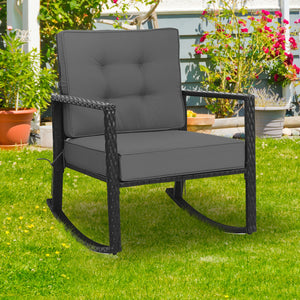 Sturdy and durable frame with exquisite rattan <br>Comfortable and safe rocking function <br>Thick and soft cushion for seat and back <br>Cushions are fixed by strings to prevent a move <br>Pads at the bottom can avoid sliding and protect rattan <br>Desig