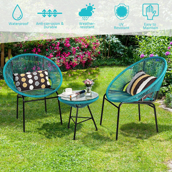 Constructed with sturdy steel pipe featuring high solidness and stability while also being waterproof <br>Made of high-quality plastic rope which has excellent weather resistance and is suitable for outdoor use <br>Chairs with ergonomic backrest for ultra