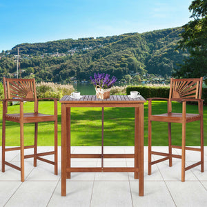 This patio bar set includes 1 bar table and 2 bar stools. Â  As a simple but elegant design with high durability and great comfort  our bar set will be your fabulous companion during outdoor leisure time. Made of high-quality acacia wood  the patio set po