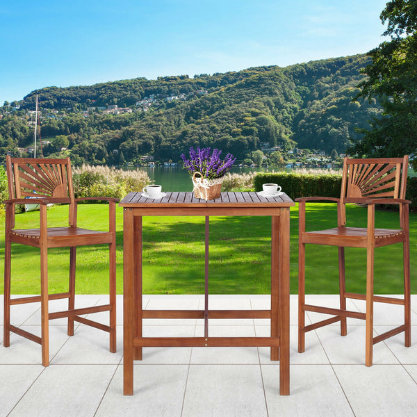 This patio bar set includes 1 bar table and 2 bar stools. Â  As a simple but elegant design with high durability and great comfort  our bar set will be your fabulous companion during outdoor leisure time. Made of high-quality acacia wood  the patio set po