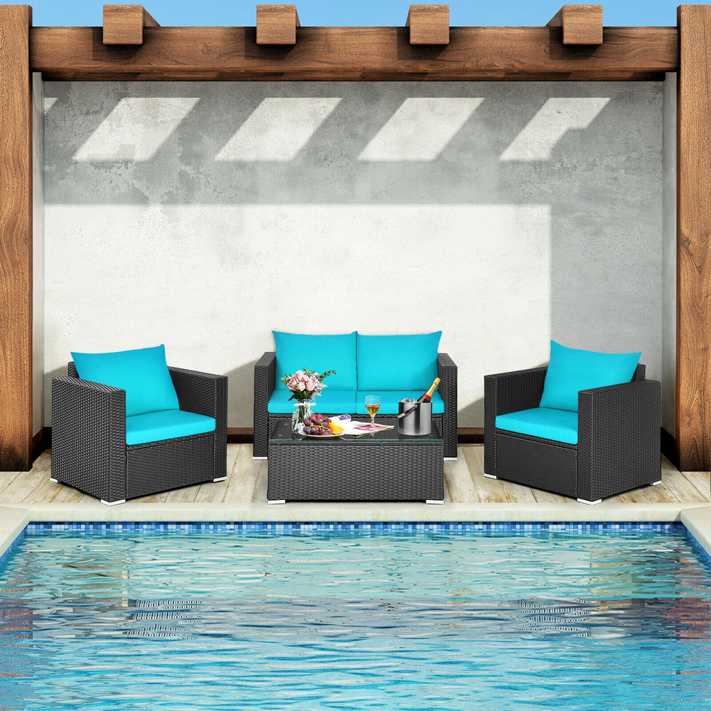 Including 1 x Table  2 x Single sofa  1 x Loveseat  4 x Seat cushion  4 x Back cushion  1 x Instruction<br>Stable steel frame can ensure a high-weight capacity<br>Weather-resistant PE rattan is durable enough for a long lifespan<br>Table and sofas come up