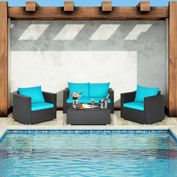 Including 1 x Table  2 x Single sofa  1 x Loveseat  4 x Seat cushion  4 x Back cushion  1 x Instruction<br>Stable steel frame can ensure a high-weight capacity<br>Weather-resistant PE rattan is durable enough for a long lifespan<br>Table and sofas come up