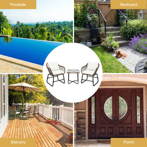 Including 2 x Armchair  1 x Square table  2 x Seat cushion  2 x Back cushion  1 x Instruction <br>Includes 2 armchairs  1 side table and 4 cushions <br>Weather-resistant PE rattan can be used for a long time <br>Armchair with solid construction can hold u