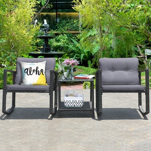 Including 1 table with tempered glass top and 2 rocking chairs <br>Sturdy and heavy steel frame ensures large weight capacity <br>High-quality PE wicker can withstand the moderate change in weather <br>Slightly sloping back and seat of the rocking chair o