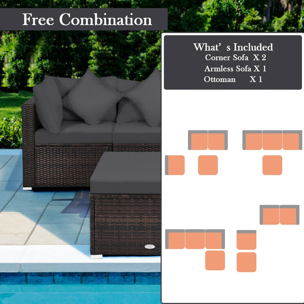 Includes 2 corner sofas  1armless table and 1 ottoman for versatile use<br>Sturdy powder-coated steel frame provides strong durability and stability<br>All-weather and wear-resistant PE rattan provides a long service life<br>Thick and soft sponge padded c