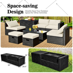 8-piece seat for more creative combinations<br>All weather PE rattan and rustproof steel frame for long time outdoor use<br>Sturdier and safer to use with high quality tempered glass tabletop<br>Soft and thick cushions for ultimate coziness<br>Hold the ot