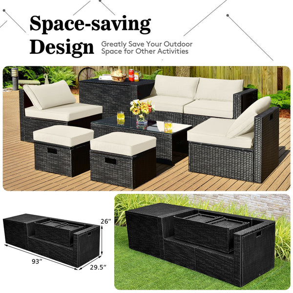8-piece seat for more creative combinations<br>All weather PE rattan and rustproof steel frame for long time outdoor use<br>Sturdier and safer to use with high quality tempered glass tabletop<br>Soft and thick cushions for ultimate coziness<br>Hold the ot