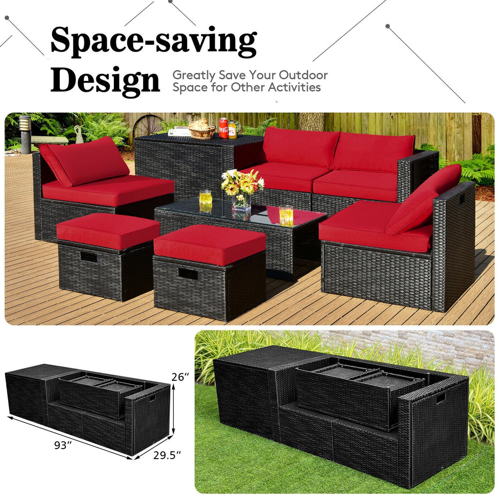 8-piece seat for more creative combinations<br>All weather PE rattan and rustproof steel frame for long time outdoor use<br>Sturdier and safer to use with high quality tempered glass tabletop<br>Soft and thick cushions for ultimate coziness<br>Hold the ot