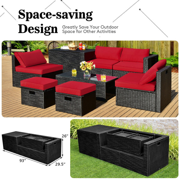 8-piece seat for more creative combinations<br>All weather PE rattan and rustproof steel frame for long time outdoor use<br>Sturdier and safer to use with high quality tempered glass tabletop<br>Soft and thick cushions for ultimate coziness<br>Hold the ot