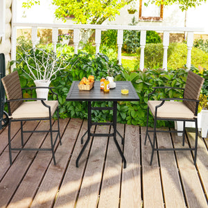 4 bar chairs and 1 bar table satisfy your multiple outdoor demands <br>Suitable for poolside  backyard  garden  etc. <br>Heavy-duty steel frame ensures high stability <br>Strong weight capacity: each chair 330 lbs and table 180 lbs <br>32" x 32" spacious 