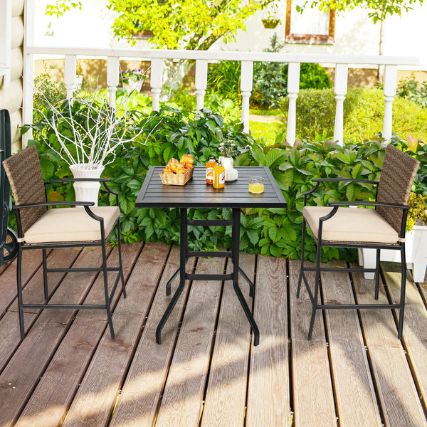 4 bar chairs and 1 bar table satisfy your multiple outdoor demands <br>Suitable for poolside  backyard  garden  etc. <br>Heavy-duty steel frame ensures high stability <br>Strong weight capacity: each chair 330 lbs and table 180 lbs <br>32" x 32" spacious 