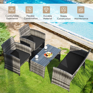 Rattan patio set includes one loveseat  two single chairs and one coffee table. <br>Made of high-quality rattan with strong built-in frame structure <br>Functional and beautiful design perfect for garden  backyard and balcony <br>Rattan coffee table with 