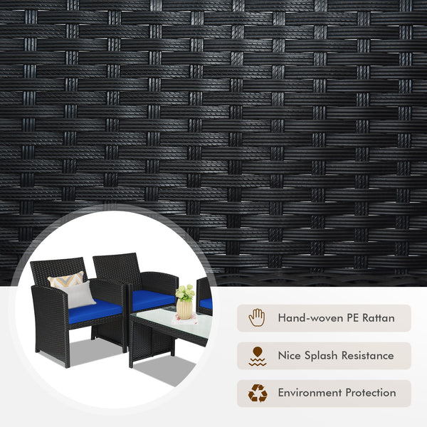 Comes with foot pads to protect the floor and add stability to the set<br>High-quality rattan and steel materials are used to ensure a long lifespan<br>PE rattan is waterproof and corrosion resistant<br>Suitable for balcony  rooftop  backyard  poolside  a