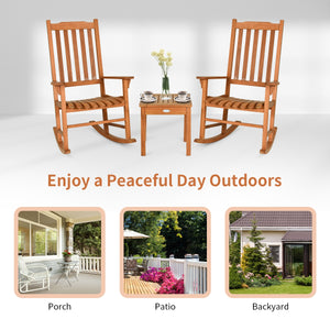 This eucalyptus rocking chair set is perfect for the patio  backyard  porch  garden or beach area. Â  This rocking chair set includes two wood rocking chairs and a coffee table  available for 2 people to relax. The wide backrest with wide batten and ergon