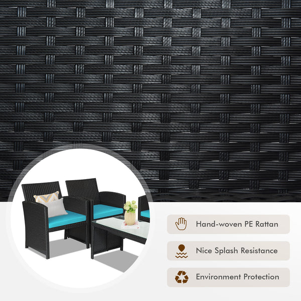 Comes with foot pads to protect the floor and add stability to the set<br>High-quality rattan and steel materials are used to ensure a long lifespan<br>PE rattan is waterproof and corrosion resistant<br>Suitable for balcony  rooftop  backyard  poolside  a