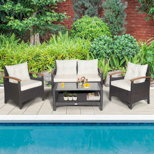 This 4-piece patio rattan conversation set will be a perfect addition to your backyard or other outdoor occasions. Â  Constructed of heavy-duty and anti-rust steel frame  all the loveseat  single sofas and coffee table can withstand strong weight. And the