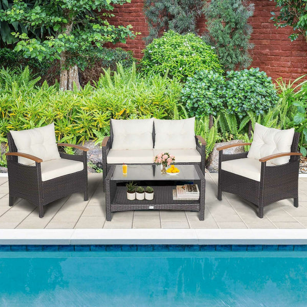This 4-piece patio rattan conversation set will be a perfect addition to your backyard or other outdoor occasions. Â  Constructed of heavy-duty and anti-rust steel frame  all the loveseat  single sofas and coffee table can withstand strong weight. And the