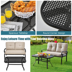 This premium outdoor patio conversation bench set will be a good choice for you. Â  This 2-Piece patio loveseat set includes 1 loveseat  1 coffee table  1 seat cushion and 2 back cushions  which is a great choice for your indoor and outdoor environment. Y
