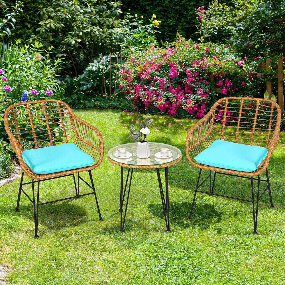 Premium wicker ensures high resistance to weather/sunlight/water<br>Heavy-duty steel frame with rust-resistant powder coated surface<br>High density sponge padded cushions provide great comfort<br>Tempered glass tabletop to place small decor  snacks and d