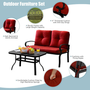 This premium outdoor patio conversation bench set will be a good choice for you. Â  This 2-Piece patio loveseat set includes 1 loveseat  1 coffee table  1 seat cushion and 2 back cushions  which is a great choice for your indoor and outdoor environment. Y