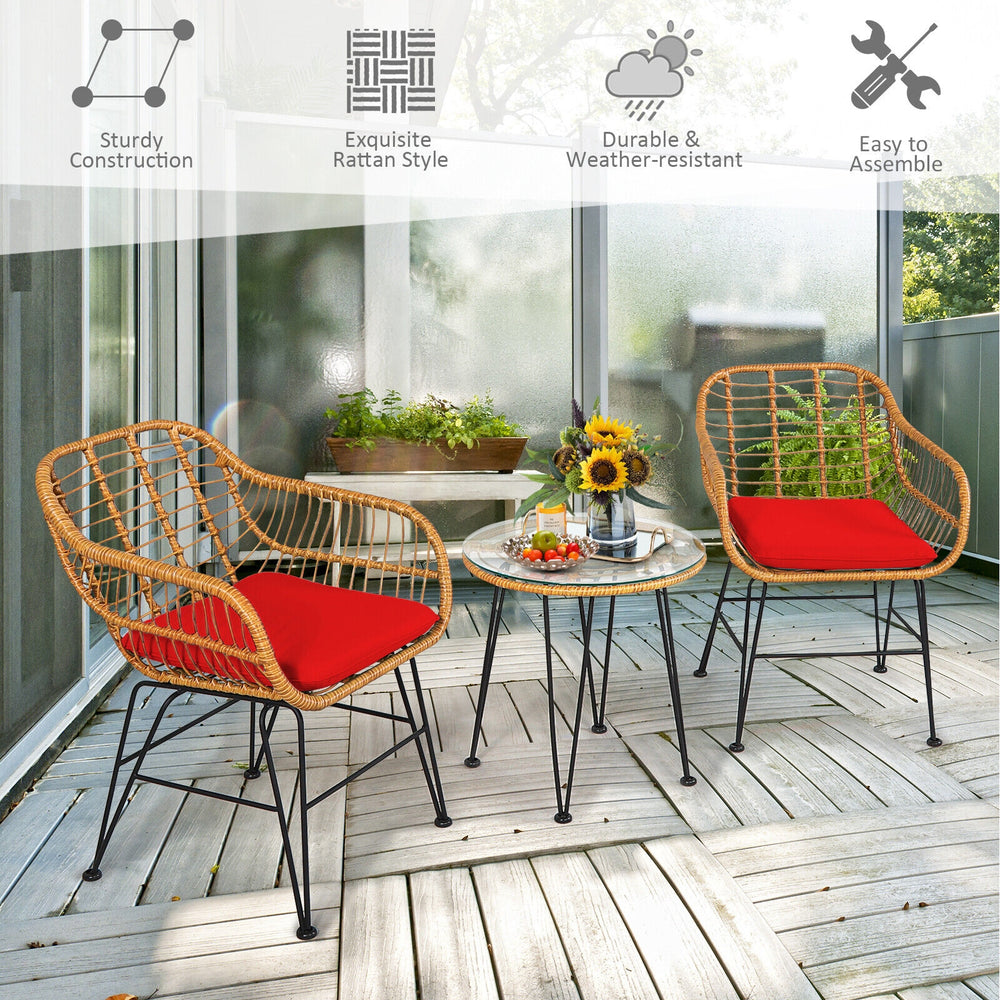 Premium wicker ensures high resistance to weather/sunlight/water<br>Heavy-duty steel frame with rust-resistant powder coated surface<br>High density sponge padded cushions provide great comfort<br>Tempered glass tabletop to place small decor  snacks and d