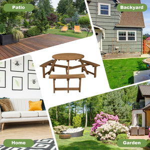 Have a wonderful gathering time with this round wooden picnic table! Â  Holding up to 6 people  this round wooden picnic table is suitable for family or friends gathering to spend an enjoyable leisure time. In order to build a durable outdoor round picnic