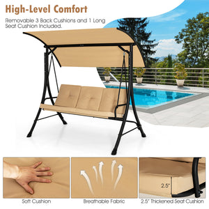 This outdoor porch swing with canopy can provide you with comfortable sitting feeling  letting you have a good leisure time and relieve stress. Â  The porch swing features heavy-duty steel frame  triangular base and solid springs hooks  bearing up to 800 