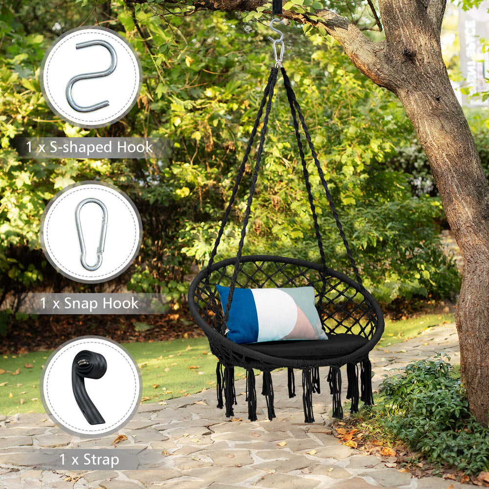 Great ways for indoor or outdoor relaxation with gentle swinging Inclined backrest and soft padded cushion for ultimate comfort Can be hung in 2 ways for different hanging places Included accessories (1 x S-shaped hook  1 x snap hook and 1 x strap) for gr