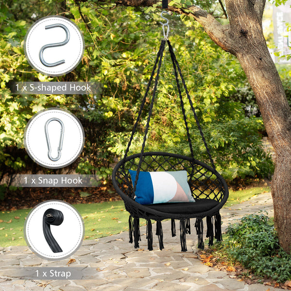 Great ways for indoor or outdoor relaxation with gentle swinging Inclined backrest and soft padded cushion for ultimate comfort Can be hung in 2 ways for different hanging places Included accessories (1 x S-shaped hook  1 x snap hook and 1 x strap) for gr