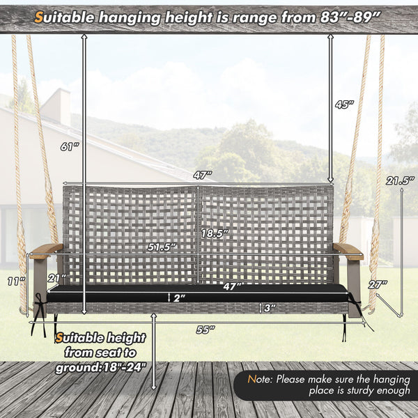 Spacious seat with 47" width allows 2 people to swing together<br>Curved seat  backrest and acacia wood armrests for more comfort<br>Heavy-duty steel frame ensures 800 lbs load capacity<br>Mix gray PE rattan is elegant and weather resistant<br>Include a c