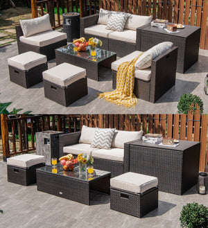 8-piece seat for more creative combinations Fetch different belongings with ease because of the practical coffee table Sturdier and safer to use with high quality tempered glass tabletop Soft and thick cushions for ultimate coziness Hold the ottomans' cus