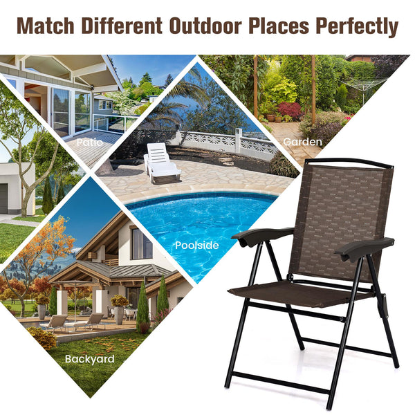 These 4 folding chairs are a good choice for relaxation  rest and entertainment. Â  These folding chairs with rugged frame is rust-proof  which can withstand the toughest weather conditions. Besides  it is with breathable stretch fabric  well ventilated a