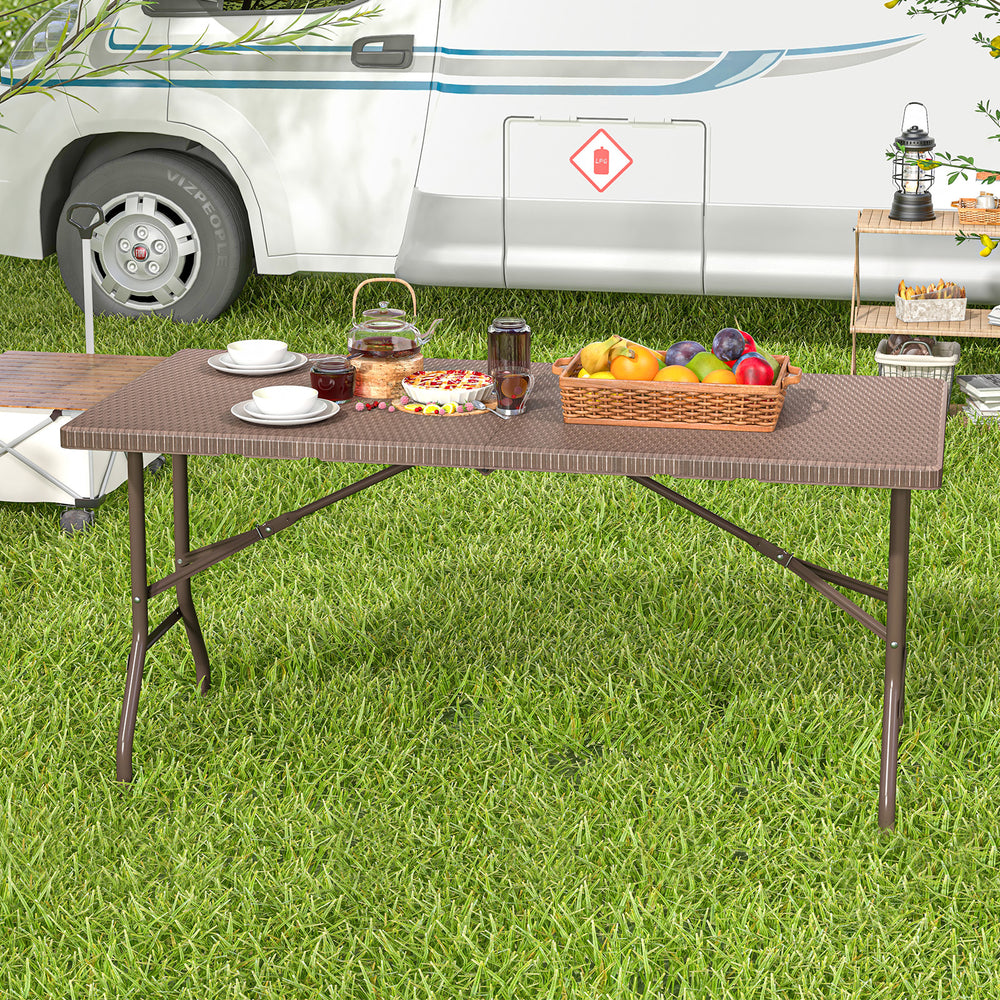 Portable and foldable design allows for easy storage and transportation<br>Convenient built-in handle ensures effortless mobility wherever you go<br>Crafted with a selected HDPE tabletop known for its durability<br>The mimic rattan grain surface is wear-r