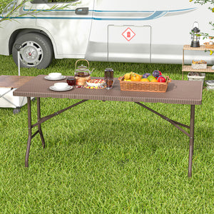 Portable and foldable design allows for easy storage and transportation<br>Convenient built-in handle ensures effortless mobility wherever you go<br>Crafted with a selected HDPE tabletop known for its durability<br>The mimic rattan grain surface is wear-r