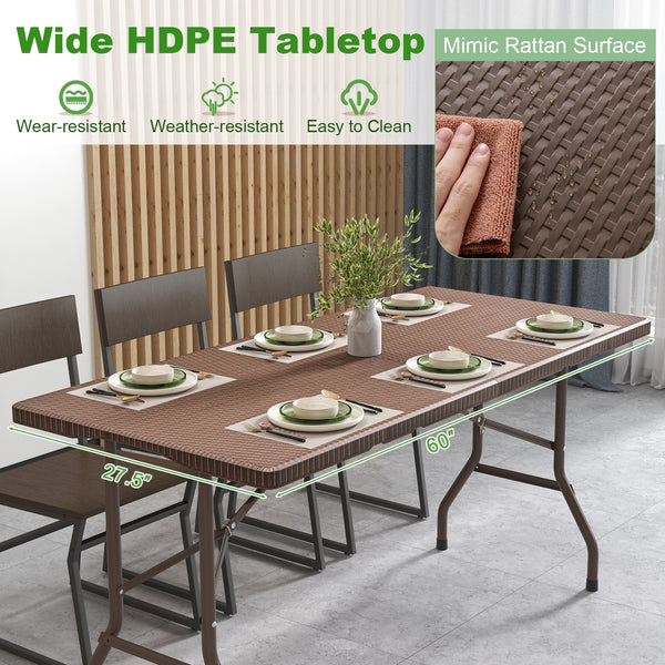 Portable and foldable design allows for easy storage and transportation<br>Convenient built-in handle ensures effortless mobility wherever you go<br>Crafted with a selected HDPE tabletop known for its durability<br>The mimic rattan grain surface is wear-r